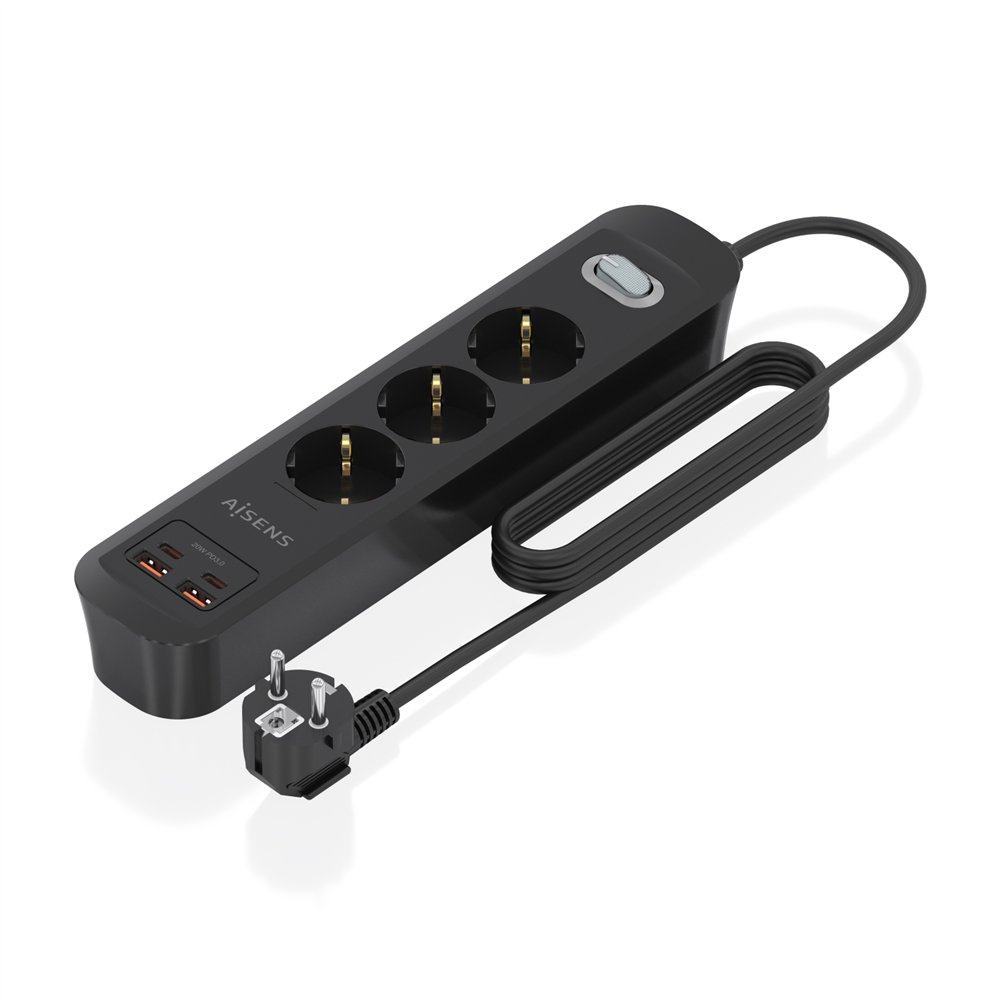 aisens regleta de enchufes multifuncion con 3 tomas + cargador pd3.0 20w 2xusb-c, 2xusb-a, 1.4m, negro