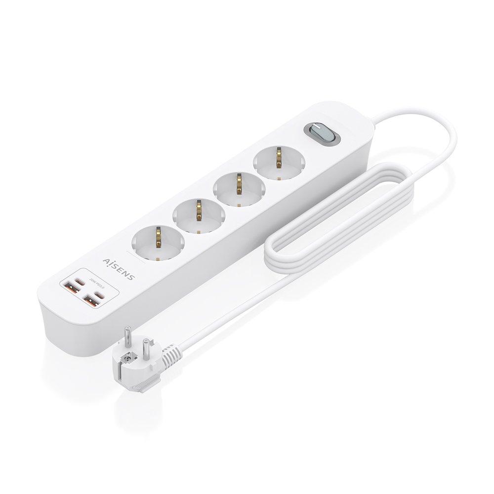 aisens regleta de enchufes multifuncion con 4 tomas + cargador pd3.0 20w 2xusb-c, 2xusb-a, 1.4m, blanco