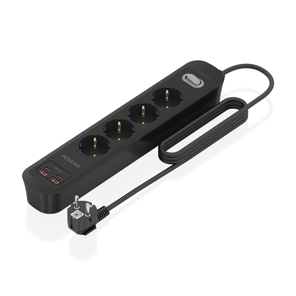 aisens regleta de enchufes multifuncion con 4 tomas + cargador pd3.0 20w 2xusb-c, 2xusb-a, 1.4m, negro