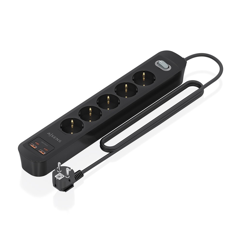 aisens regleta de enchufes multifuncion con 5 tomas + cargador pd3.0 20w 2xusb-c, 2xusb-a, 1.4m, negro