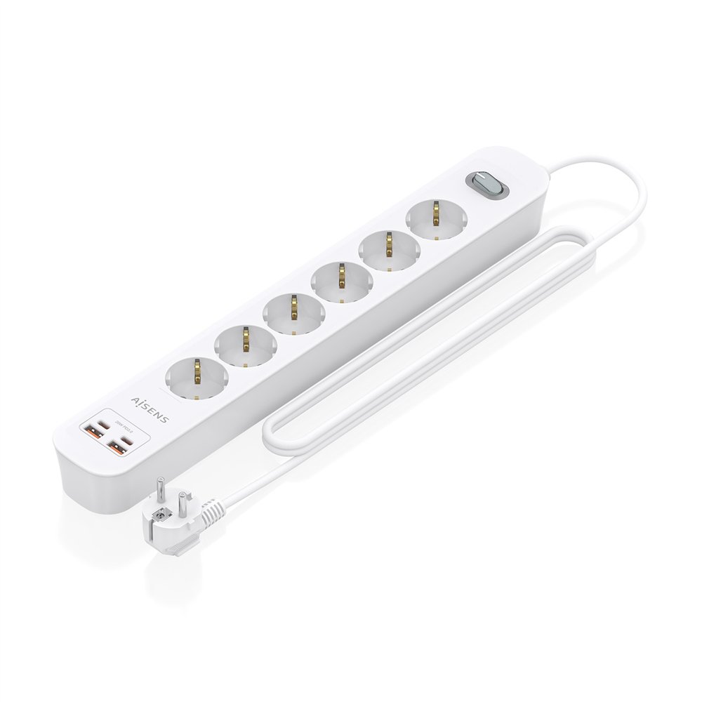 aisens regleta de enchufes multifuncion con 6 tomas + cargador pd3.0 20w 2xusb-c, 2xusb-a, 1.4m, blanco