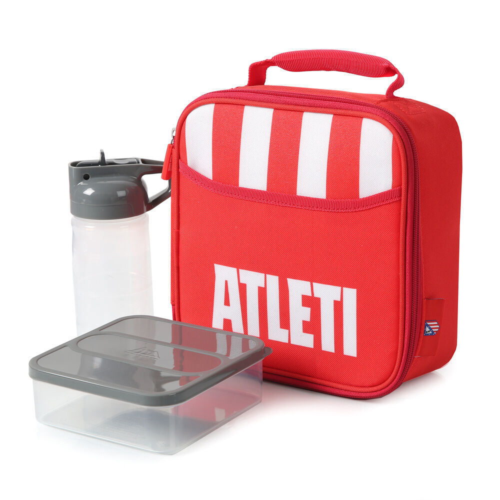 bolsa porta alimentos termica + botella + tupper atletico de madrid