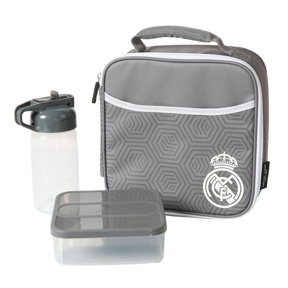 bolsa porta alimentos termica + tupper + botella real madrid