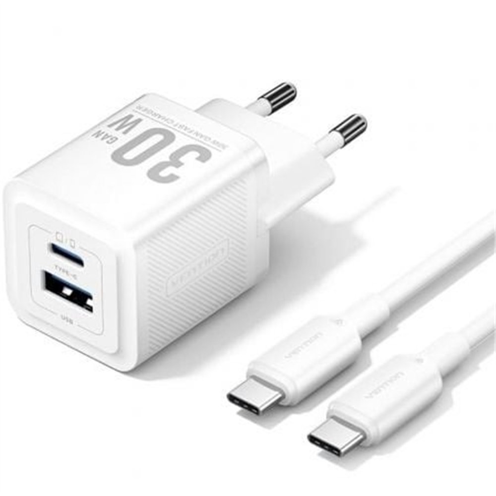 cargador de pared vention gan usb-c 30w white + cable usb-c 1m white