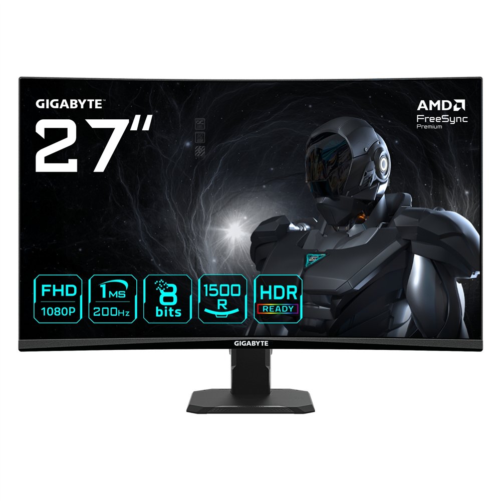 gigabyte gs27fca monitor gaming curvo 27" fhd - 1920 x 1080, 200hz, 1ms, 250 cd/m², freesync premium, hdr ready, hdmi 2.0, displ
