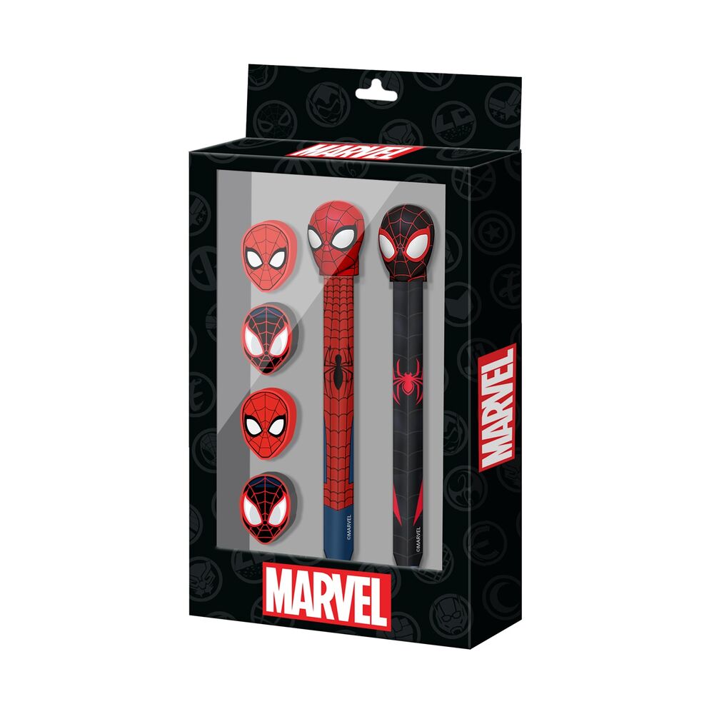 blister boligrafo + lapiz + 4 gomas spiderman marvel
