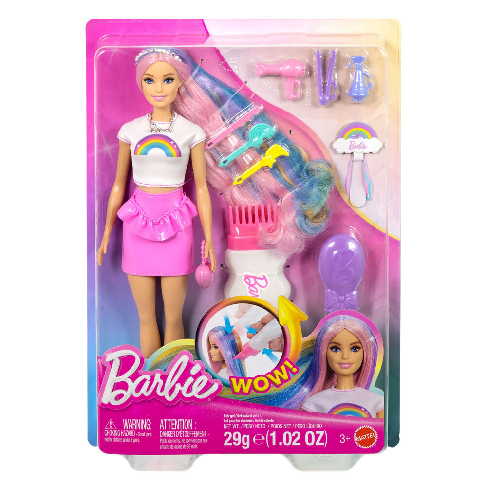 muñeca cabello destellos arcoiris barbie
