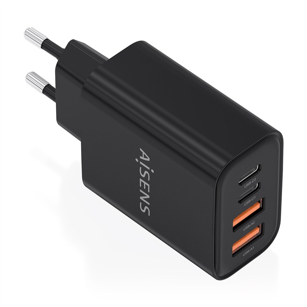 aisens cargador gan 32w, 2xusb-c pd3.0, 2xusb-a, negro