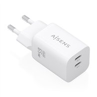 aisens cargador gan 65w, 2xusb-c pd3.0 qc4.0, blanco