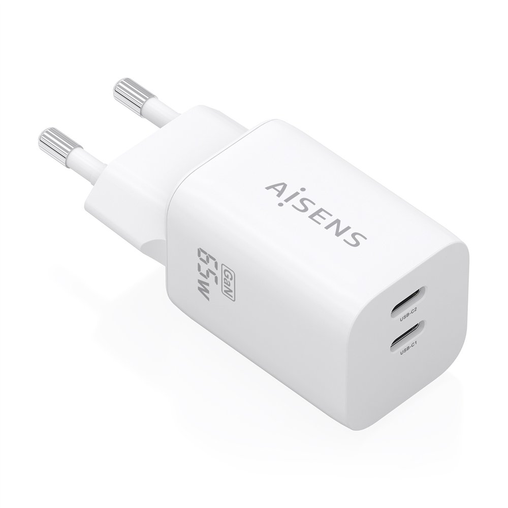 aisens cargador gan 65w, 2xusb-c pd3.0 qc4.0, blanco