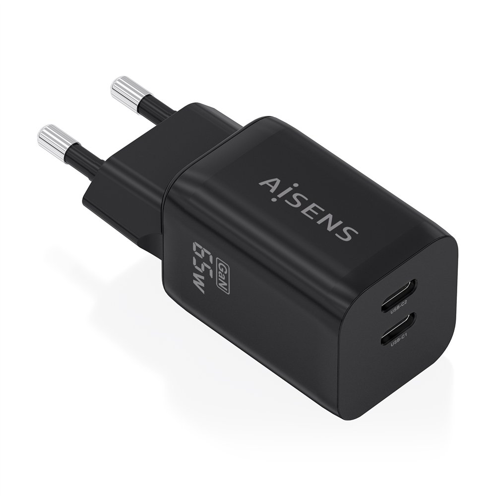 aisens cargador gan 65w, 2xusb-c pd3.0 qc4.0, negro