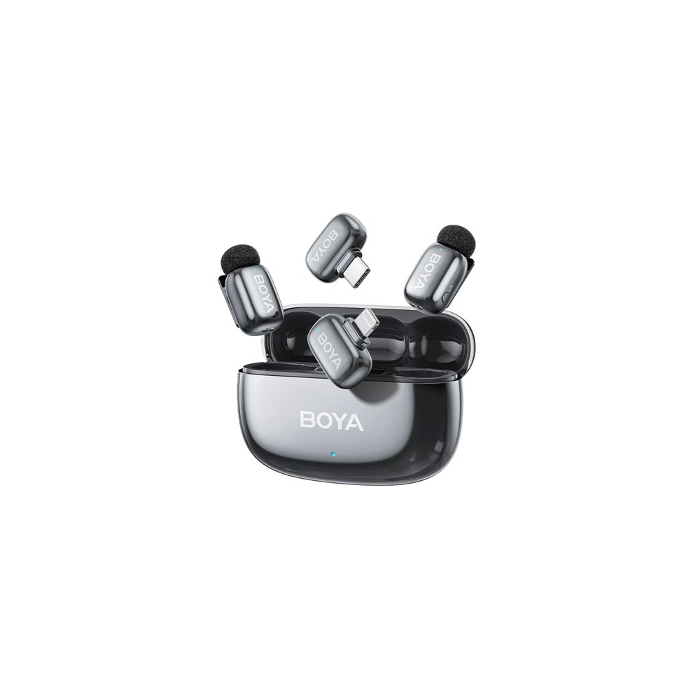 boya mini 2 microfono inalambrico (2 tx+2 rx) lightning y usb-c para iphone, android, ultraligero, cancelación de ruido, 30h mic
