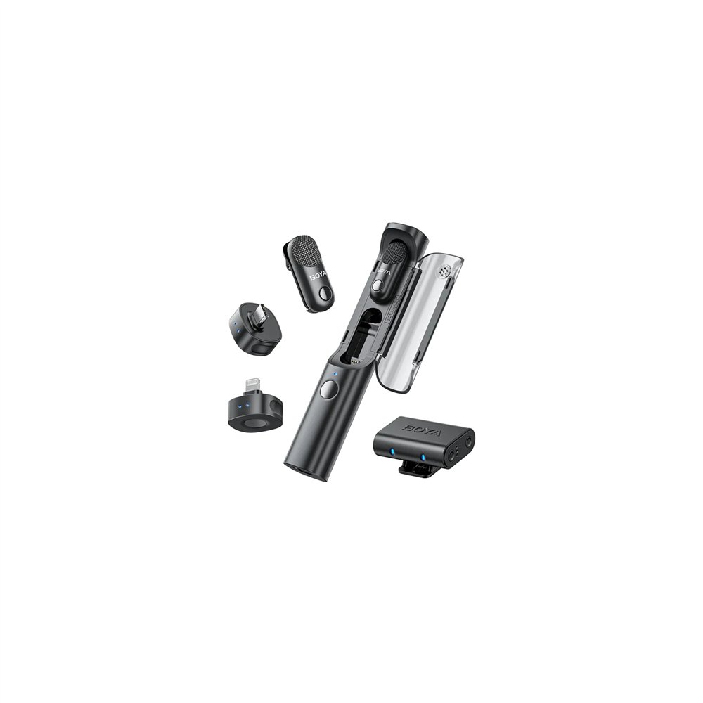 boya magic-01 usb-c  + lightning + 3.5 mm trs) rx + soporte de escritorio omnidireccional inalámbrico 4 en 1 con ia y estuche de