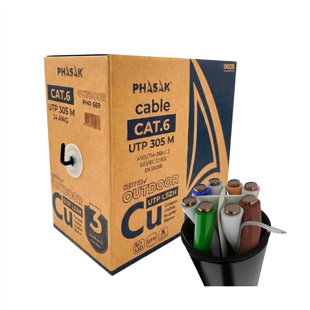 phasak bobina de cable de red exterior s-ftp cat.6a cobre 100% sólido lszh 305 m gris – phr 669 |