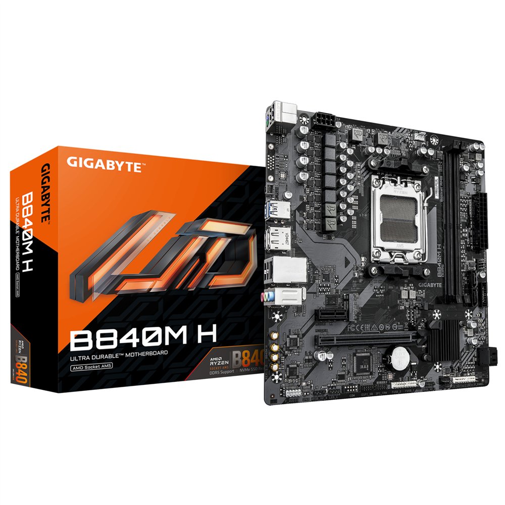 gigabyte b840m h placa base - procesadores amd ryzen 9000, vrm de 5+2+2 fases, hasta 7200mhz ddr5 (o.c), 1xpcie 4.0 m.2, lan 1gb