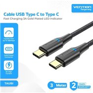 cable usb 2.0 vention tipo usb-c/m-c/m led 480mbps 3a 3m black