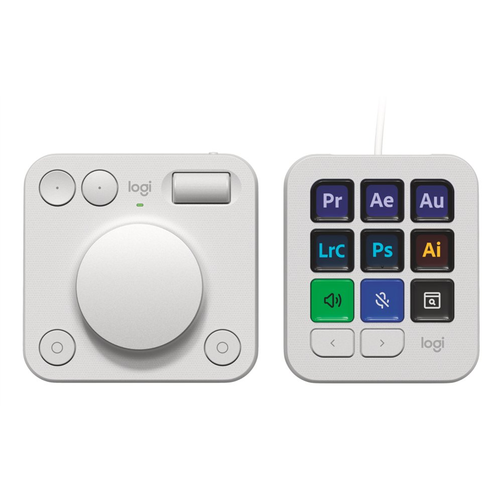 logitech mx creative console, keypad programable con 9 teclas lcd personalizables y dial de control para diseño gráfico, edición