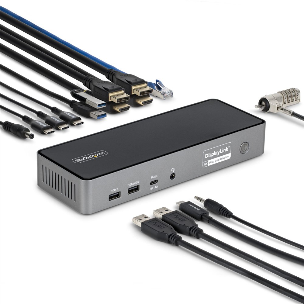 startech.com docking station universal usb-c de 3 pantallas - docking station usb tipo c hdmi dp - pd 140w para carga de macbook