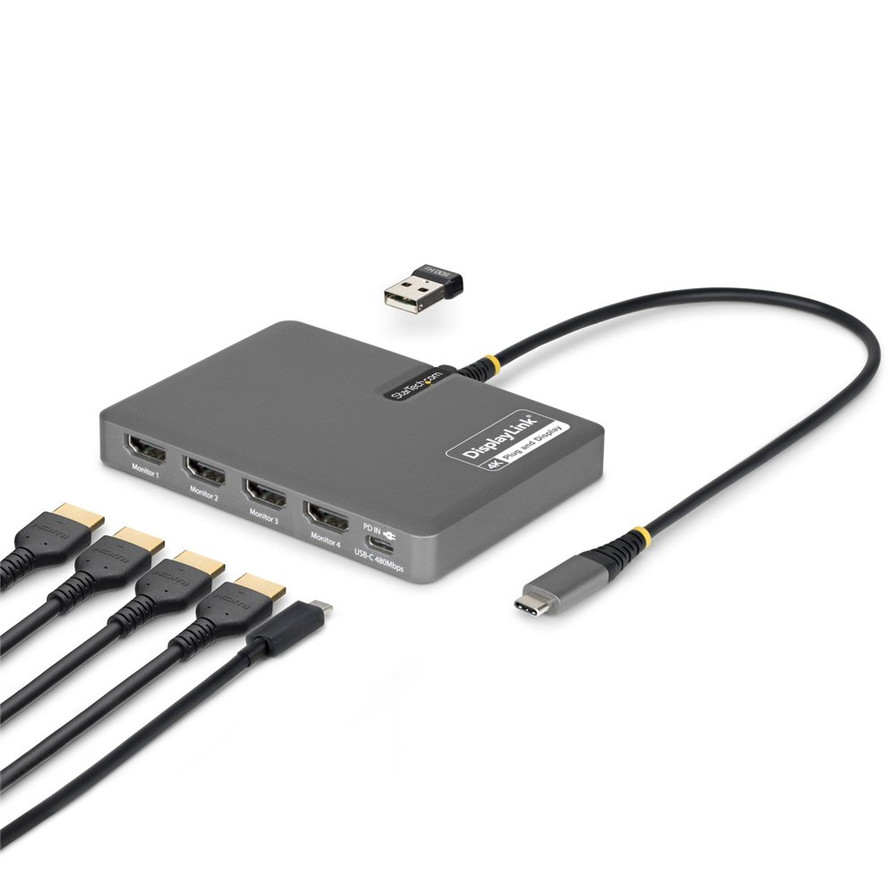 startech.com quad-usb-hdmi-adapt base para portátil y replicador de puertos alámbrico usb 3.2 gen 1 (3.1 gen 1) type-c gris