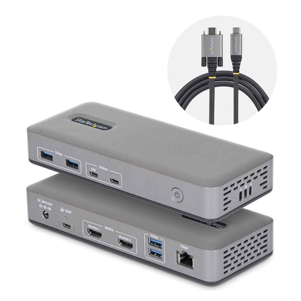 startech.com docking station usb-c de 2 monitores hdmi - 4k 60hz - red ethernet de 1gbps - dock multipantalla - pd de 100w para 