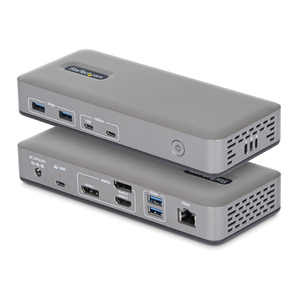 startech.com docking station usb-c - 3 monitores 4k (2x 4k60hz + 1x 4k30hz) - pd 100w - 6 puertos usb 10gbps - gbe - displayport