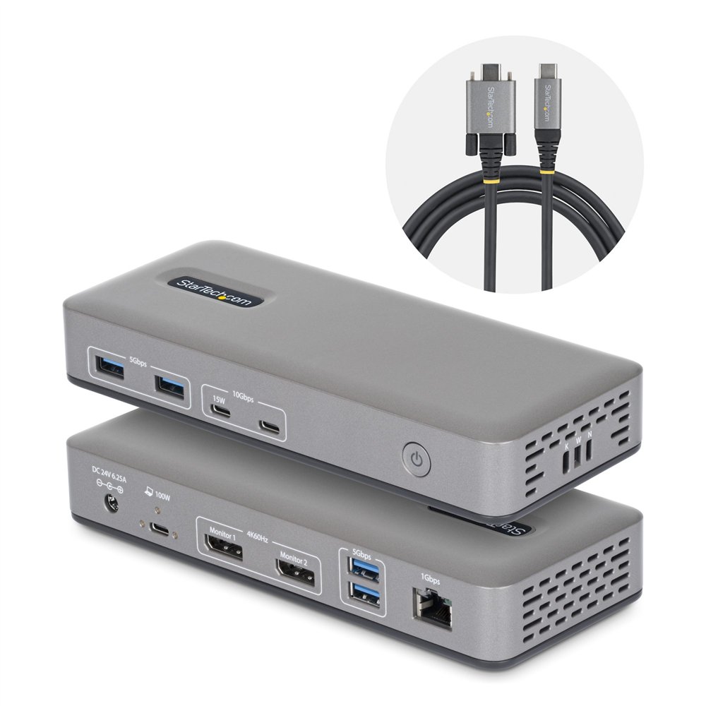 startech.com docking station usb-c de 2 monitores displayport - 4k 60hz - red ethernet de 1gbps - dock multipantalla - pd de 100