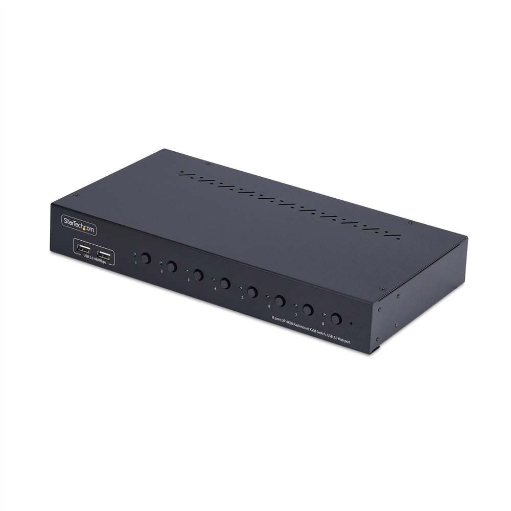 startech.com switch kvm de 8 puertos displayport 4k 60hz - conmutador kvm dp 1.2 4k60 con kit de montaje 1u para rack - con hub 