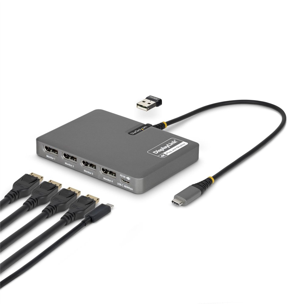 startech.com quad-usb-dp-adapt base para portátil y replicador de puertos alámbrico usb 3.2 gen 1 (3.1 gen 1) type-c gris