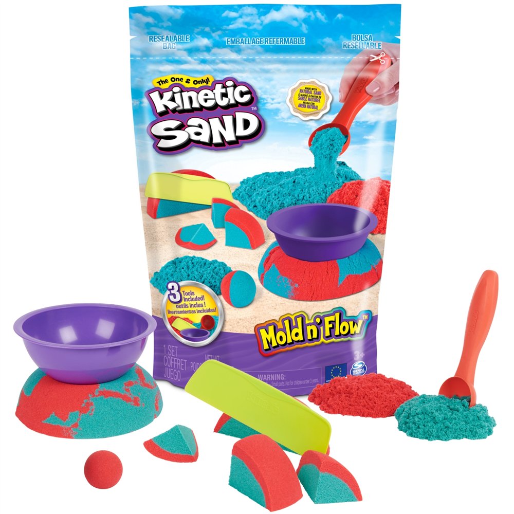 kinetic sand mold n’ flow de , 680 g de arena para jugar de color rojo y azul verdoso, 3 herramientas, juegos sensoriales para n