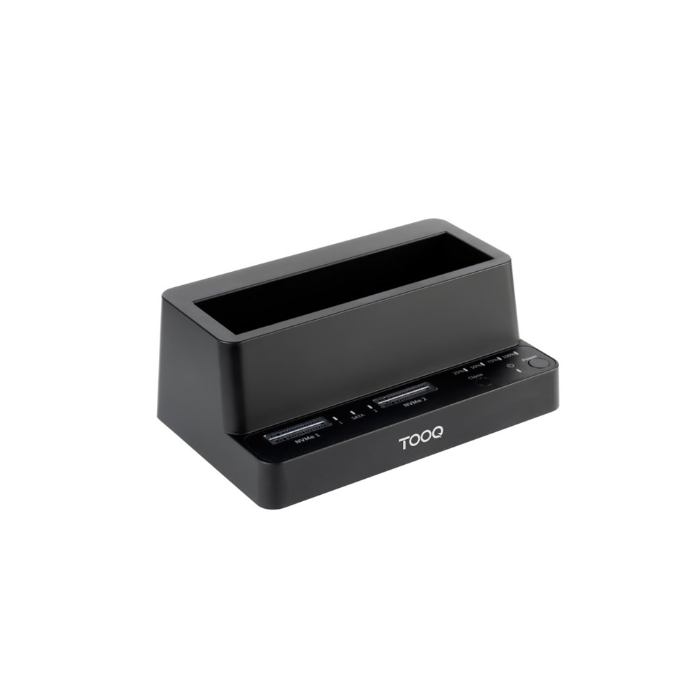 tooq docking station usb-c 3.2 gen 2 dos bahías para ssd m.2 nvme + bahía para 2,5"- 3,5" para hdd + clonador, negro