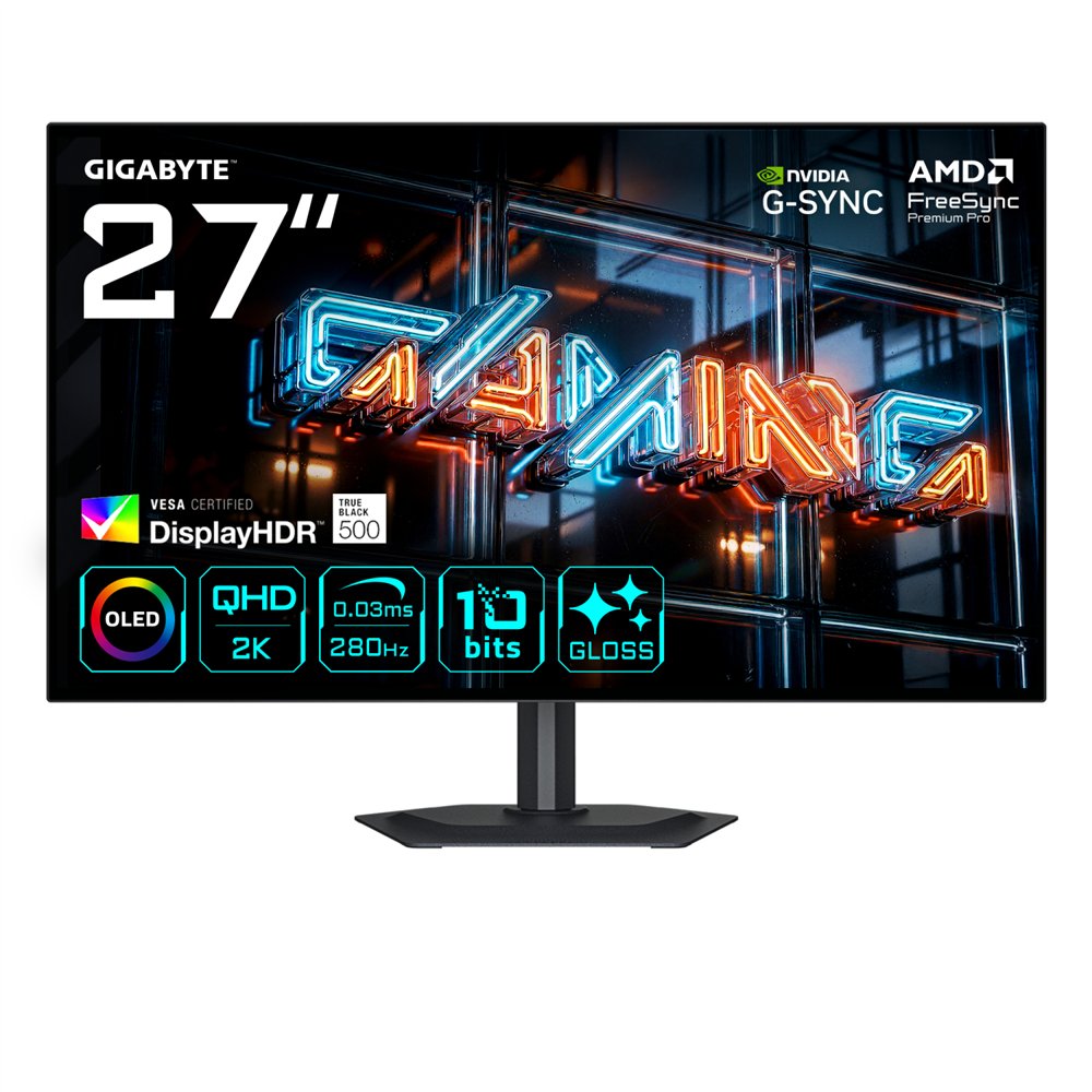 gigabyte mo27q28gr monitor gaming woled brillante 27” qhd - 2560 x 1440, 280hz, 0.03ms, 335 cd/m², display hdr true black 500, h