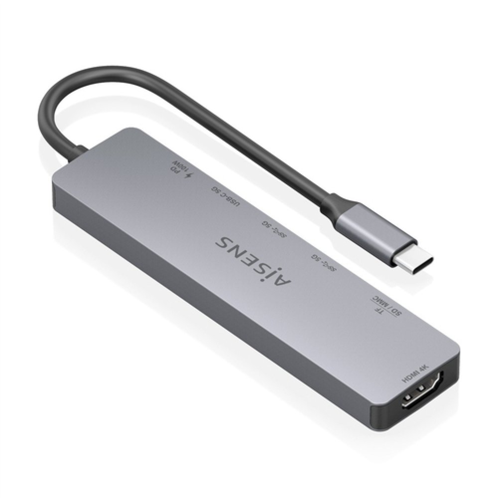 aisens usb-c dock 7 en 1, usb-c a 1xhdmi, 2xusb-a, 1xusb-c, 1xusb-c pd 100w, 1xsd, 1xmicrosd, gris, 15cm