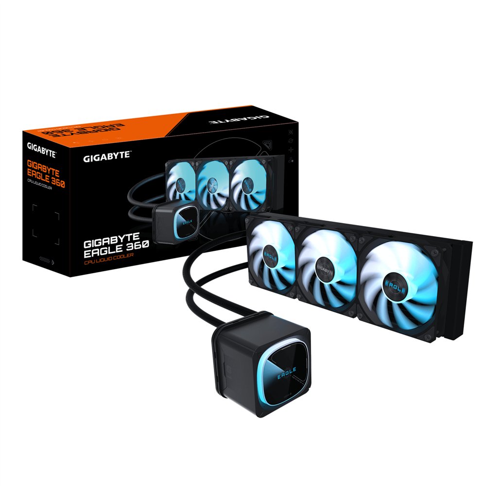 gigabyte eagle 360 refrigeración líquida para cpu - 3x120mm ventiladores argb, pantalla lcd a color, daisy-chain, compatible con