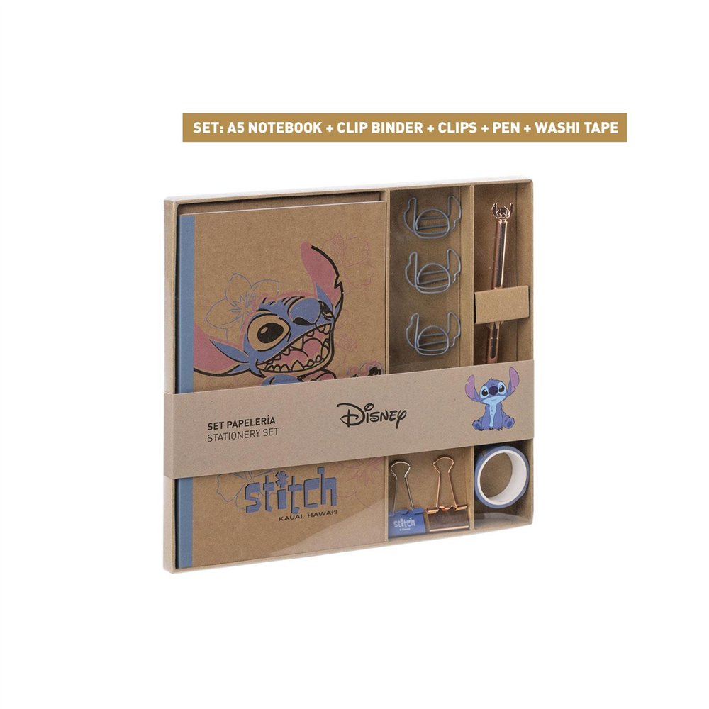 set de papelería stitch disney con cuaderno a5, bolígrafo, washi tape, clips y pinzas